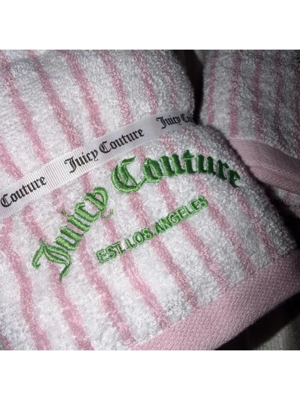 Juicy Couture Pink stripes w/ green logo Bath Towel Set 4PC Home Collection NWT